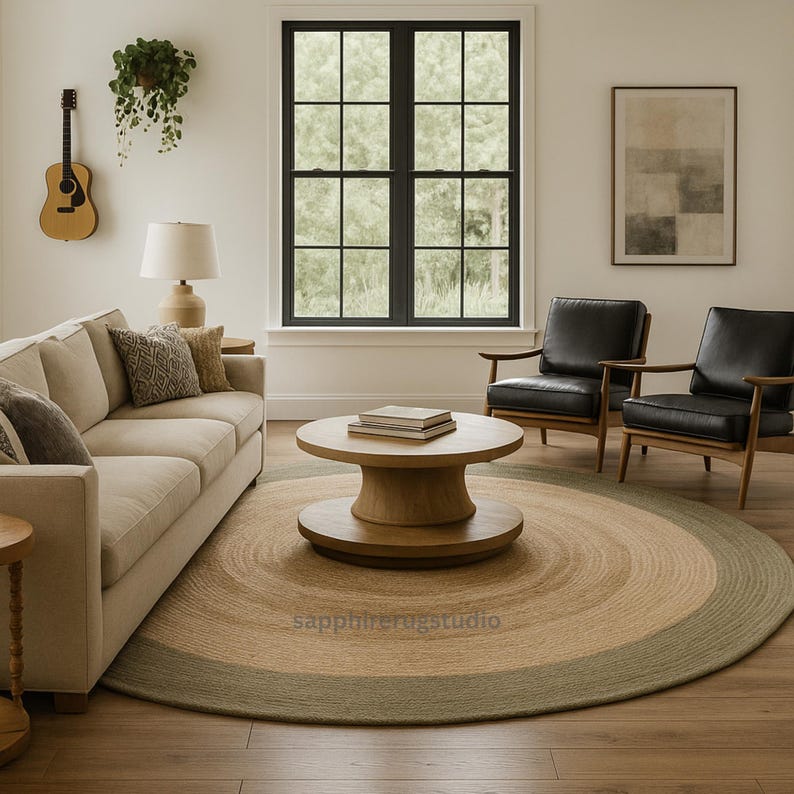 May include: A round jute rug with a concentric design in shades of tan and green. The rug is in a living room setting with a sofa, chairs, and a wooden coffee table. The room has a neutral color palette.
