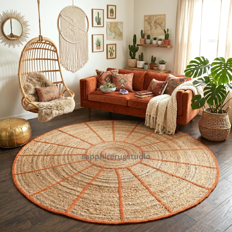 May include: A round jute rug with an orange geometric design is the focal point of a living room. The rug is surrounded by a burnt orange sofa, a hanging chair, and various decorative items, creating a warm and inviting atmosphere.