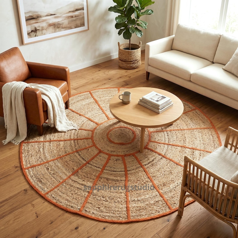 May include: A round jute rug with an orange geometric design. The rug is placed in a living room with a brown leather armchair, a light-colored sofa, and a wooden coffee table. The rug's diameter is approximately 7 feet.