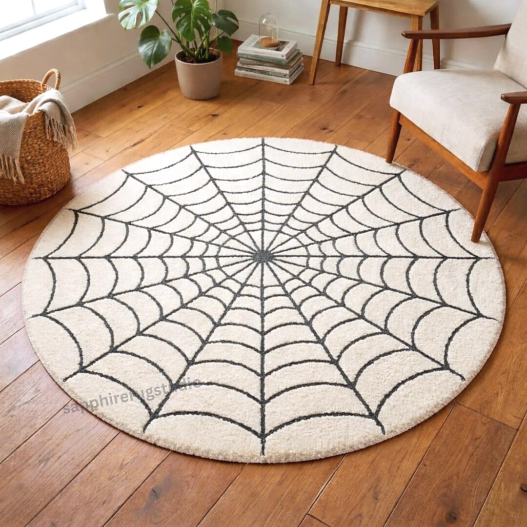Hand Tufted Spider Web Rug, Gothic Black White Statement Floor Covering ...