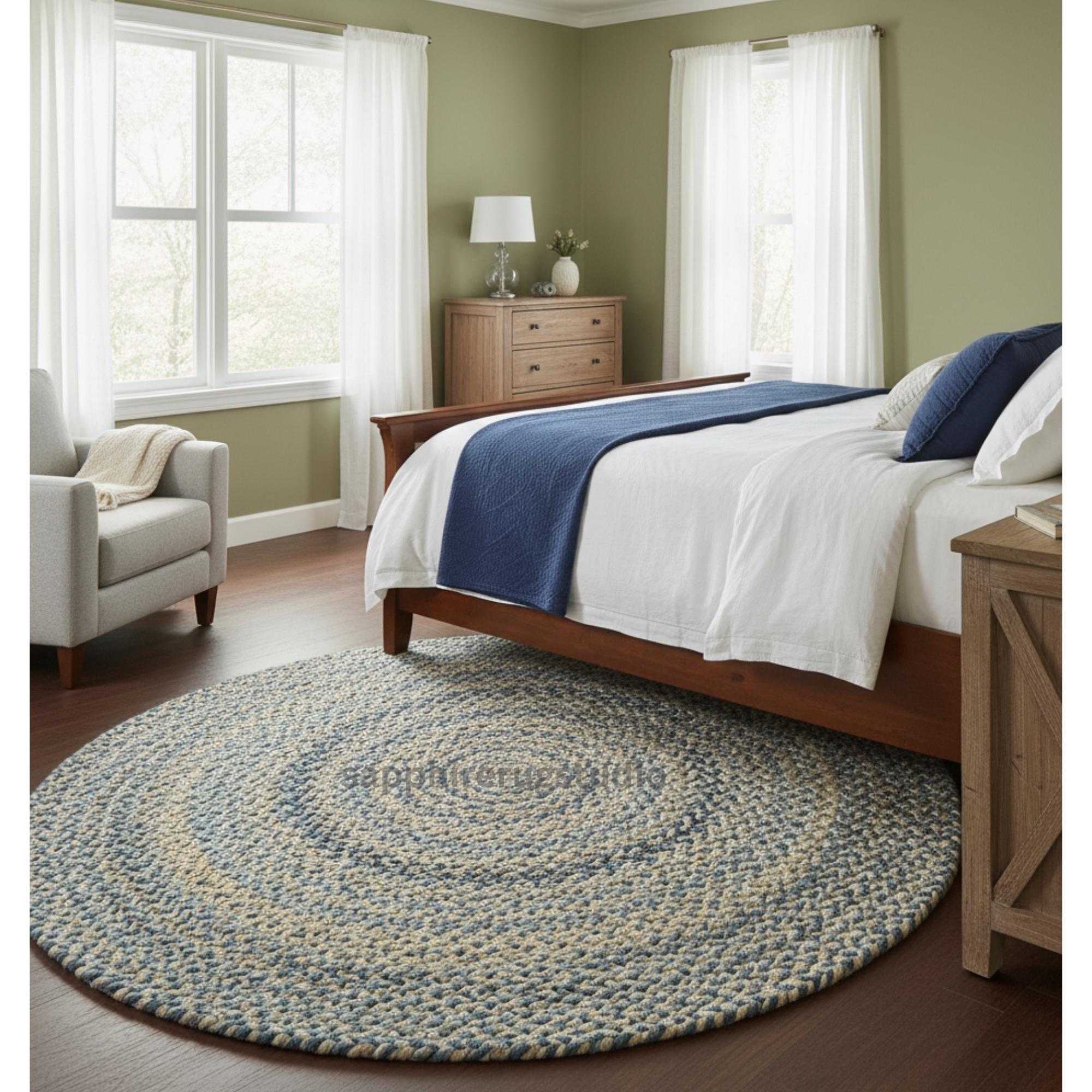 Handmade Braided Round Rug: Blue & Beige Farmhouse Boho Style - Etsy
