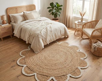 Handwoven Jute Flower Rug, Scalloped Round Natural Fiber Carpet, Boho Decor