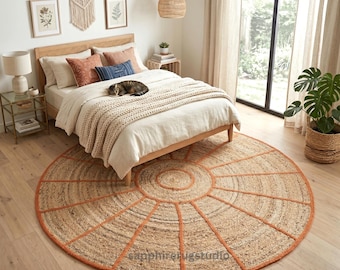 Handwoven Round Jute Rug Sunburst Pattern in Natural & Orange  Boho , Coastal Living Room Decor