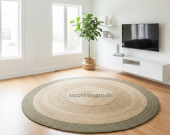 Handwoven Round Jute Rug: Natural Fiber with Green Border