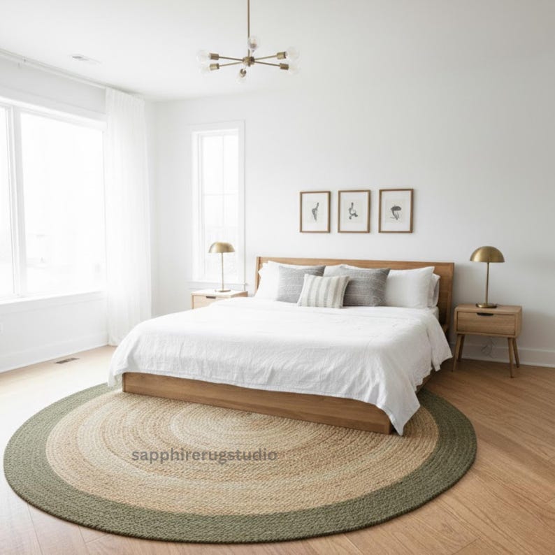 May include: A bedroom with a round jute rug featuring a green border, centered under a wooden bed frame with white bedding. Two matching wooden nightstands with lamps flank the bed. The room has white walls, a window, and a chandelier.