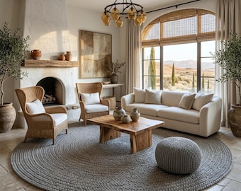 Gray Round Jute Rug, Handwoven Boho Farmhouse Area Carpet