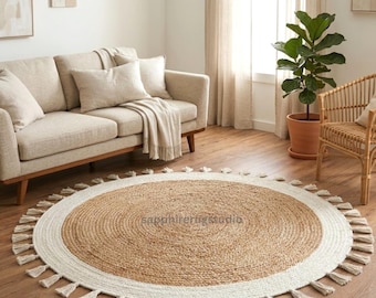 Handmade Jute Round Rug – Natural Tassel Fringe Boho Area Carpet