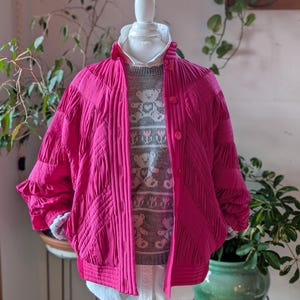 Vintage Caché Pink Silk Quilted Jacket 90s Statement Coat Fuchsia Dolman Sleeve Ruched Textured Silk Women’s M
