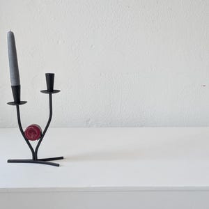 Vintage Black Steel and Red Glass Candle Taper Holder by Gunnar Ander for Ystad Metall Sweden