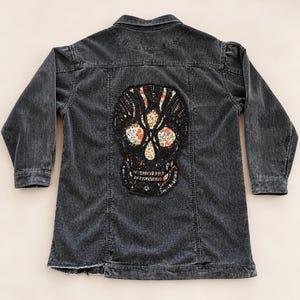 Upcycled Corduroy Jacket XL Crochet Skull Patchwork Shacket Vintage Floral Fabric Reworked Clothing Alternative Fashion Gift Idea