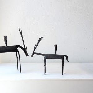 Vintage RARE Brutalist Iron Deer Candle Holders – Mid Century Hand Forged Gazelle Pair – Black Metal Taper Candlestick  – Sculptural MCM