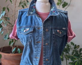 Gilet in denim ricamato vintage Bill Blass / Giacca in jeans senza maniche anni '90, taglia L da donna