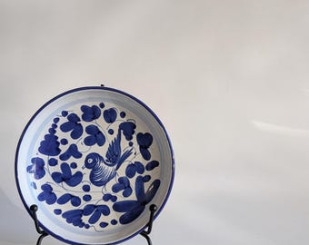 Vintage Italian Hand Painted Bird Plate Blue & White Pottery Wall Plate Deruta Style Majolica Ceramic Made in Italy Decorative Dish