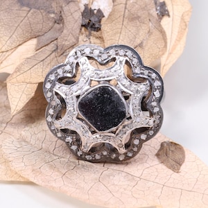 Vintage Black Onyx Diamond Statement Ring, Unique Floral Cocktail Ring, Art Deco Inspired Jewelry, Bold Silver Gemstone Ring Gift for Women