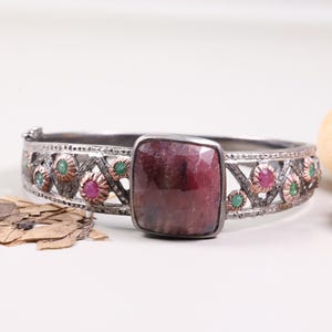 Vintage Ruby Square  Bracelet, Antique Style Sterling Silver Cuff with Large Pink Gemstone, Bohemian Statement Jewelry, Unique Gift for Her