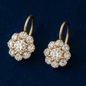 Pendientes colgantes florales vintage, pendientes de oro macizo con racimo de diamantes, elegantes joyas de estilo antiguo, pendientes de moissanita redondos de estilo europeo antiguo, regalo