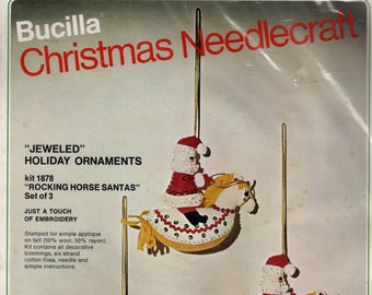 Bucilla "Jeweled" ROCKING HORSE SANTAS Holiday Ornaments Felt Kit 1878 Vintage 1974