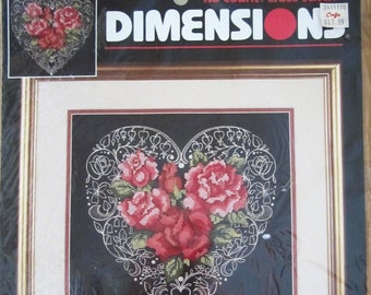 ENCHANTING HEART Dimensions No Count Cross Stitch Kit 3999 NIP c.1996 Pink Roses on Print Black Aida