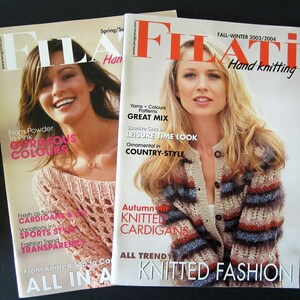 May include: Two magazines titled "FILATI Hand knitting" are displayed. The covers feature women modeling knitted garments. One cover highlights "GORGEOUS COLOURS" and "TRANSPARENCY", while the other showcases "KNITTED CARDIGANS" and "KNITTED FASHION".