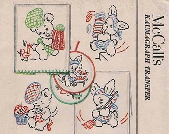 McCall's Kaumagraph Transfers #1620 Cute Bunnies & Bears for Dish Towels and Potholders circa 1951