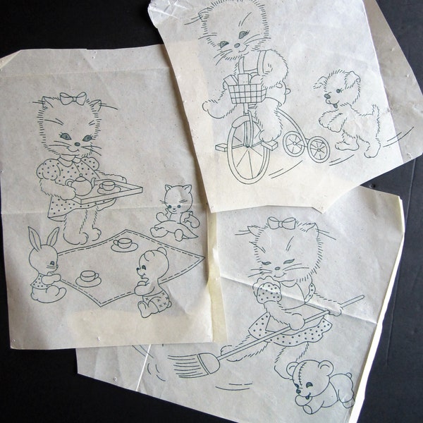 Tea Towel Trio STAMPED FOR EMBROIDERY Busy Mama Cat & Kittens