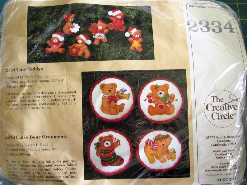 HOLIDAY FELT ORNAMENTS Kit 6 Teddy Bears for Christmas Tree or Package Tie-ons