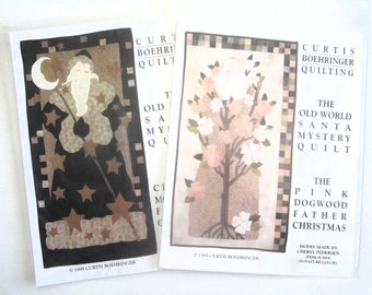 CURTIS BOEHRINGER 2 Old World Santa Mystery Quilt Father Christmas Applique Patterns Crescent Moon & Stars and Pink Dogwood