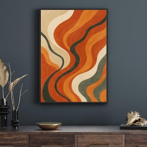 Arte de pared abstracto Ember Waves de los años 70 en naranja quemado, regalos de decoración de pared, tonos carbón y arena / Impresión de póster vintage bohemio grande