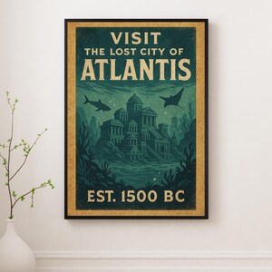 Póster vintage de la Atlántida, arte de viajes míticos, decoración de pared retro, lámina náutica para el hogar, regalo de arte oceánico, ilustración de ciudad submarina