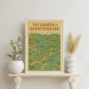 Vintage Fine Art Poster, The Garden of Overthinking, Vintage Style Mental Terrain Map Print for Therapy Spaces, Home Offices Wall Art
