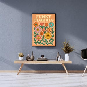 Arte de pared con estampado floral vintage de los años 70, estampado floral colorido con sonrisas, decoración de habitación bohemia vintage, arte de pared moderno, impresión artística.