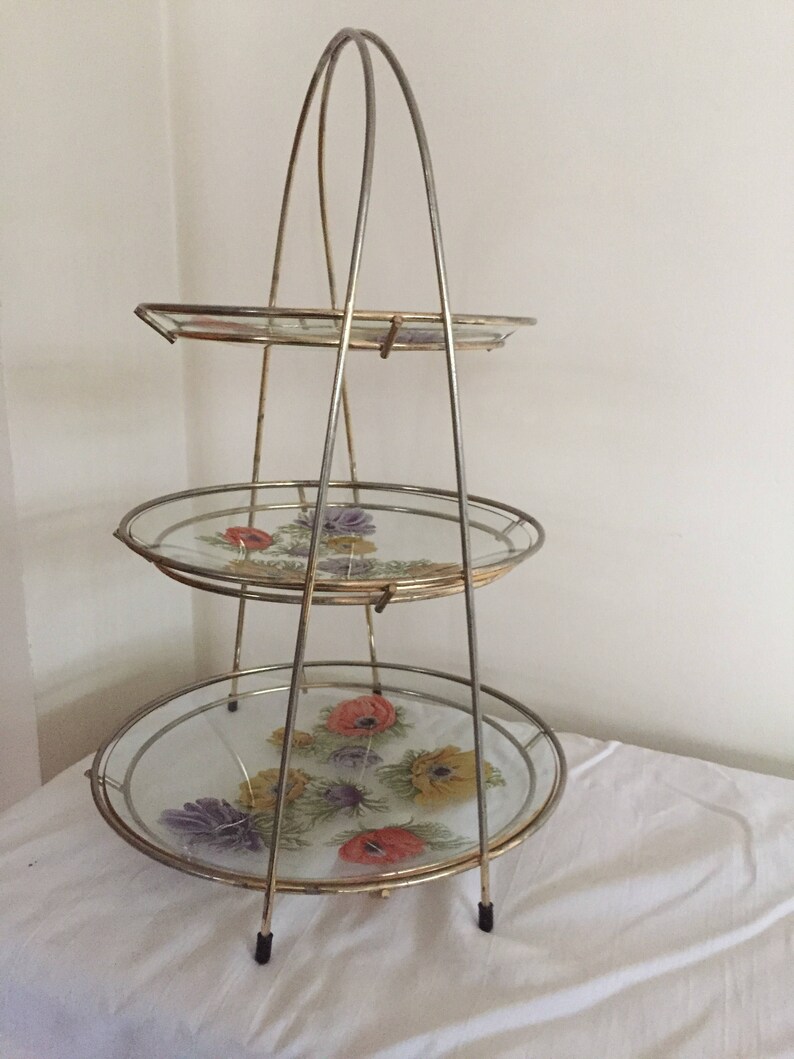 A rare 3 tier cake stand by Chance brothers glass in the /'Anenome/' pattern with wire stand.