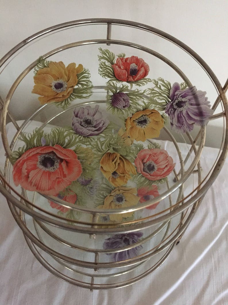 A rare 3 tier cake stand by Chance brothers glass in the /'Anenome/' pattern with wire stand.