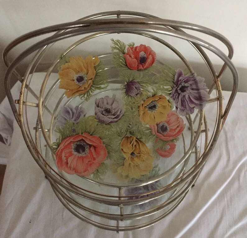 A rare 3 tier cake stand by Chance brothers glass in the /'Anenome/' pattern with wire stand.