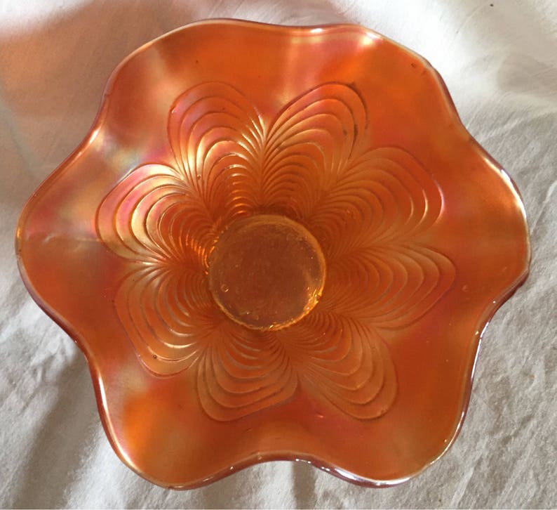 A beautiful vintage orange carnival glass fluted posy vase. Etsy