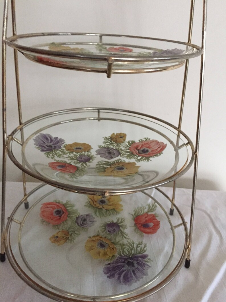 A rare 3 tier cake stand by Chance brothers glass in the /'Anenome/' pattern with wire stand.
