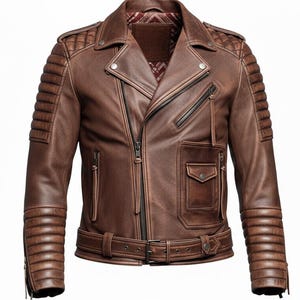 Può includere: Giacca da motociclista in pelle marrone con chiusura asimmetrica con zip. Presenta spalle e maniche trapuntate, tasche multiple con zip e cintura in vita. La giacca ha un aspetto vintage.
