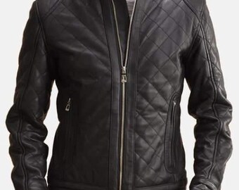 Men's Black Quilted Leather Jacket Slim Fit Moto - Biker - Motorcycle Outerwear