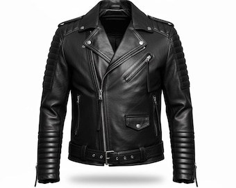 May include: A black leather biker jacket with a notched collar, an asymmetrical zip, and quilted detailing on the shoulders and sleeves. It has multiple zipped pockets and a belt at the waist, offering a classic, edgy style.