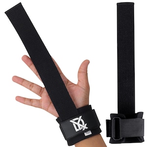 May include: Black weightlifting wrist straps with a rectangular wrist cuff featuring a white logo and the word "RIGHT". The straps are made of a durable, textured material and are designed to provide support during weightlifting exercises.