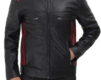 Men’s Black & Red Leather Motorcycle Jacket – Genuine Leather, Café Racer Style