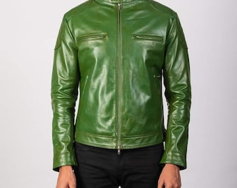 Mens Real Sheepskin Leather Jacket Green Cafe Racer Motorcycle Biker Custom Made