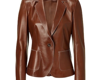 Women’s Brown Leather Blazer – Genuine Leather Tailored Jacket with Notch Lapel