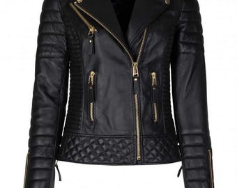 Schwarze Leder-Bikerjacke für Damen mit gesteppten Schultern und goldenen Reißverschlüssen - Moto Style