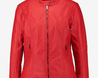 Women’s Red Leather Jacket Moto Zip Up Biker Style, Fashionable Motorcycle Coat