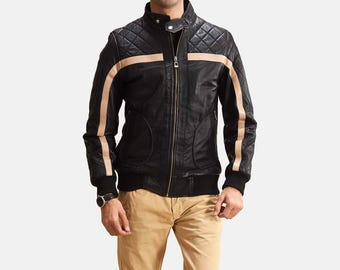 Men’s Black Café Racer Leather Jacket Quilted Shoulder Motorcycle & Biker Style