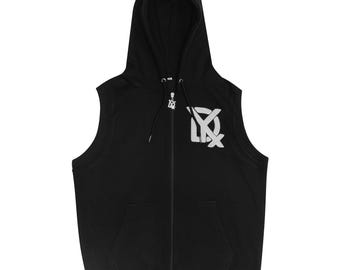 Sudadera con capucha y cremallera negra sin mangas para hombre, con bordado de chenilla y chaleco con capucha estilo streetwear