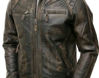 Men’s Distressed Brown Café Racer Leather Jacket Genuine Motorcycle Biker Moto