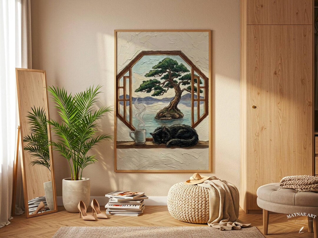 Japanese Zen Cat Art | Sleeping Black Cat & Bonsai | Cozy Japandi Wall ...