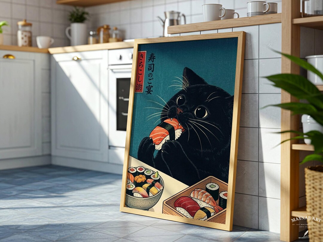 Japanese Cat Wall Art | Black Cat Eating Sushi Print | Vintage Ukiyo-e ...